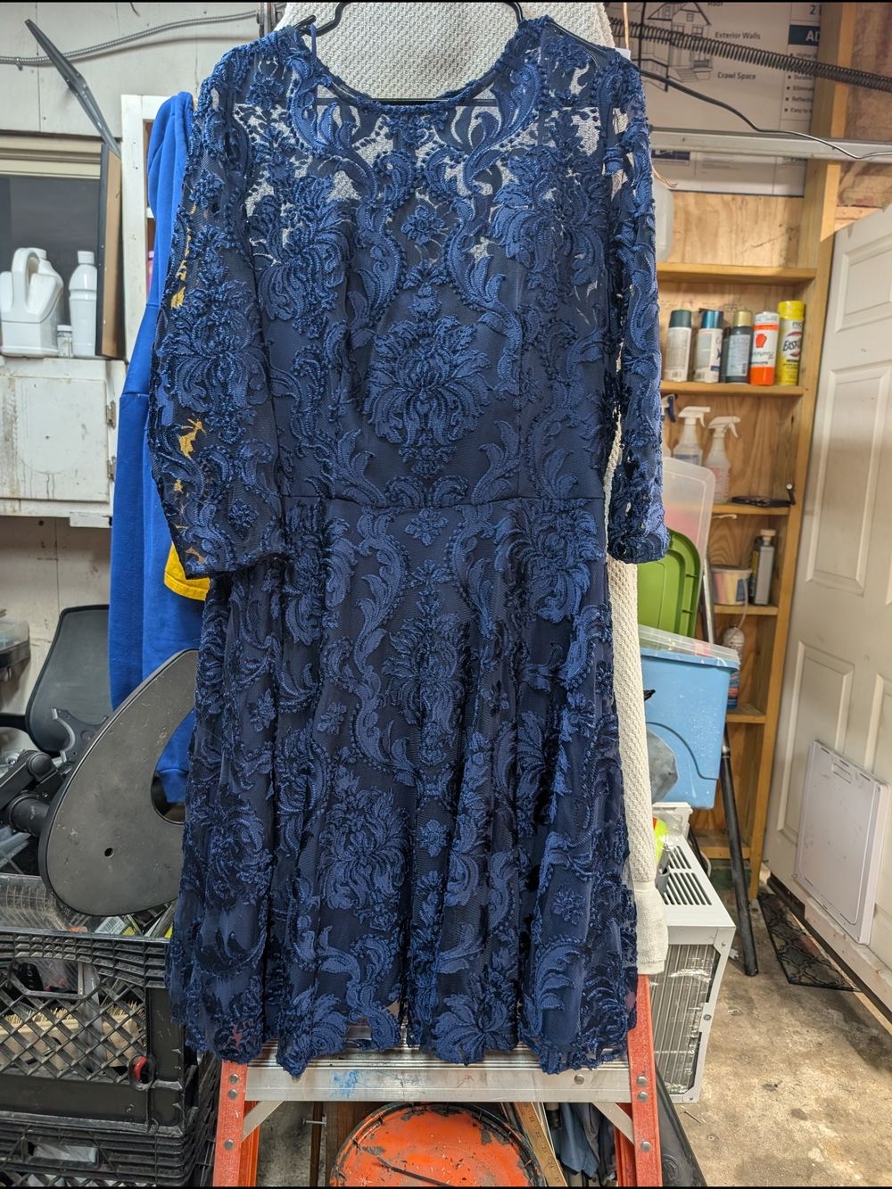 Betsy & Adam Navy Blue Embroidered Lace Midi Dress